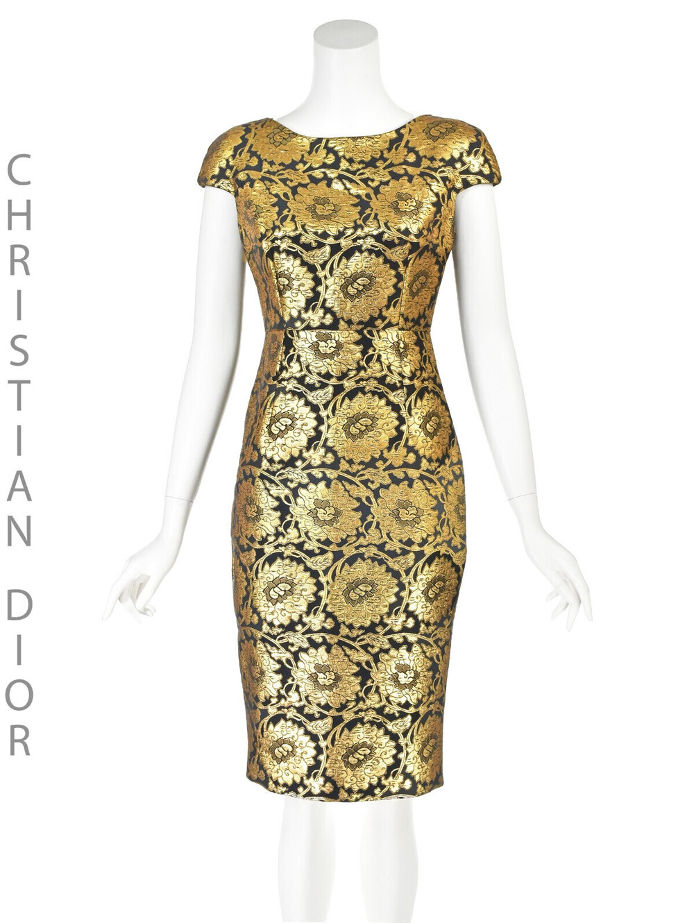 CHRISTIAN DIOR John Galliano Black & Gold Lamè Floral Sheath Cocktail Dress SZ 4
